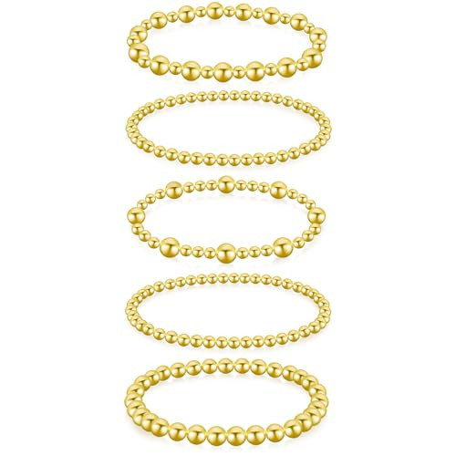 BONJOULRY Gold Beaded Stretch Bracelet Stack for Women Non Tarnish Trendy 14K Gold Plated Stackable Small Bead Ball Stretchy Strand Bangle Bracelets Set Wrist Jewelry Gifts | Amazon (US)
