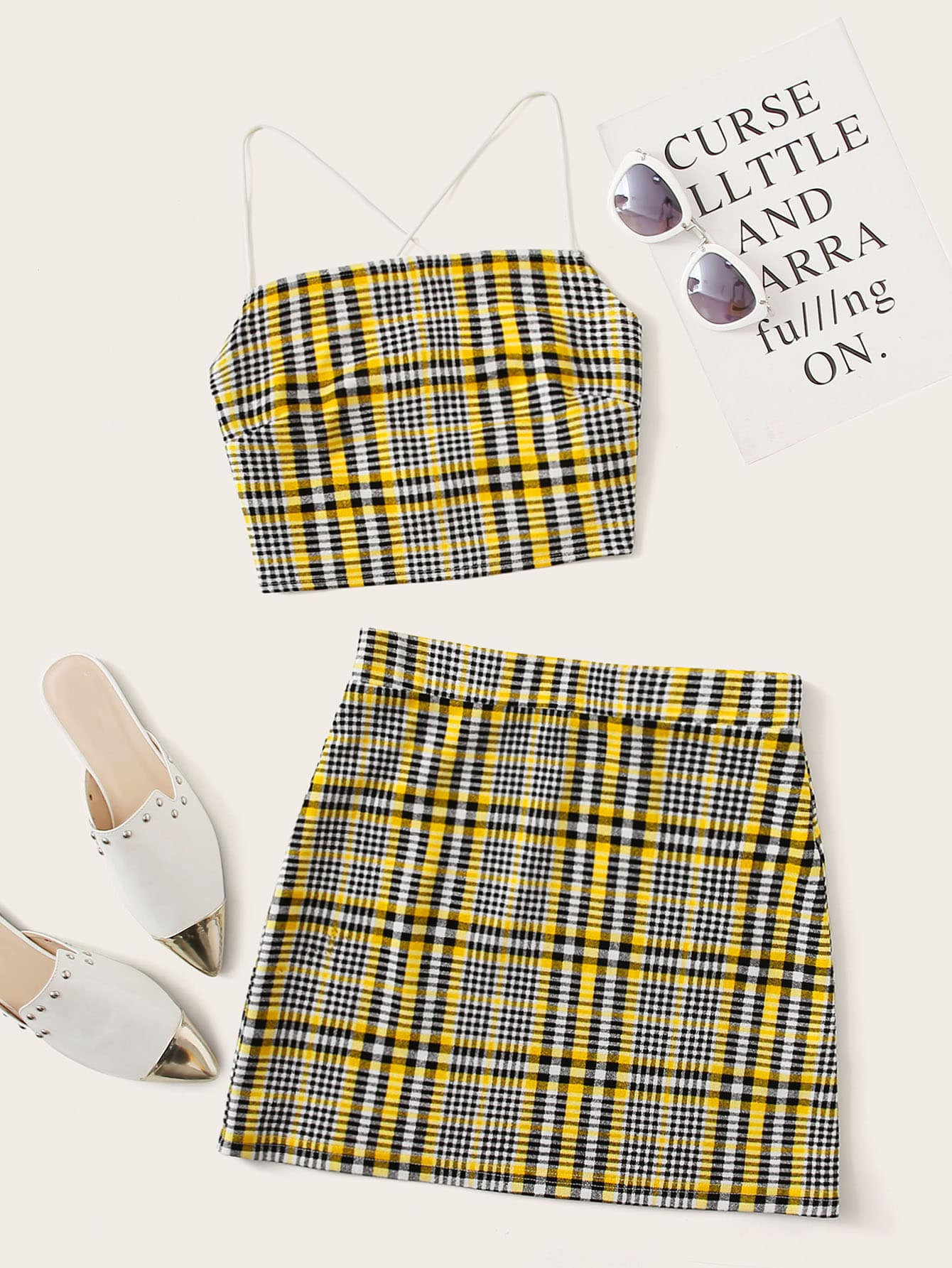 Plaid Lace-Up Cropped Cami Top & Mini Skirt Set | SHEIN