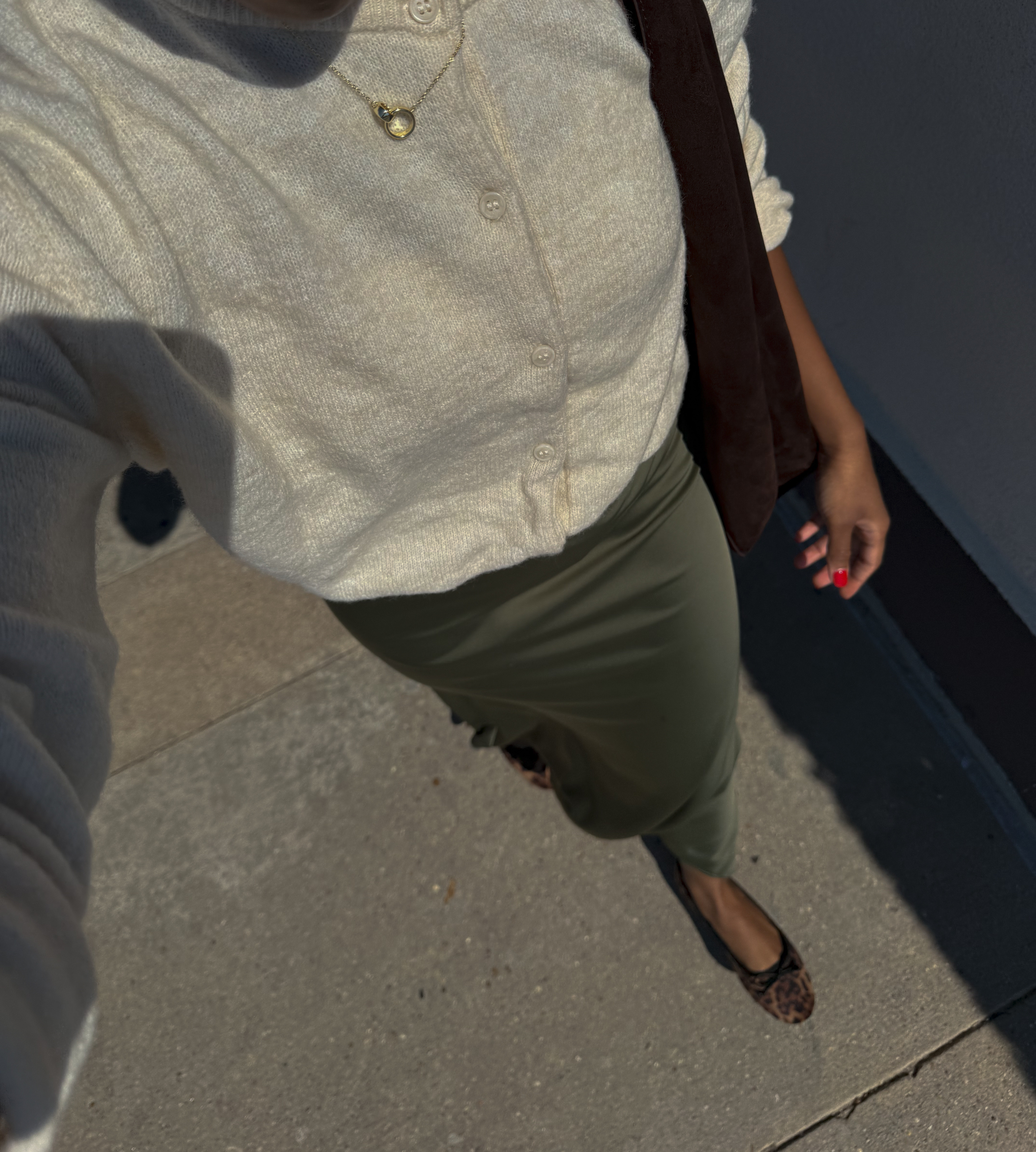 Cozy cardigan outfit, brown suede bag