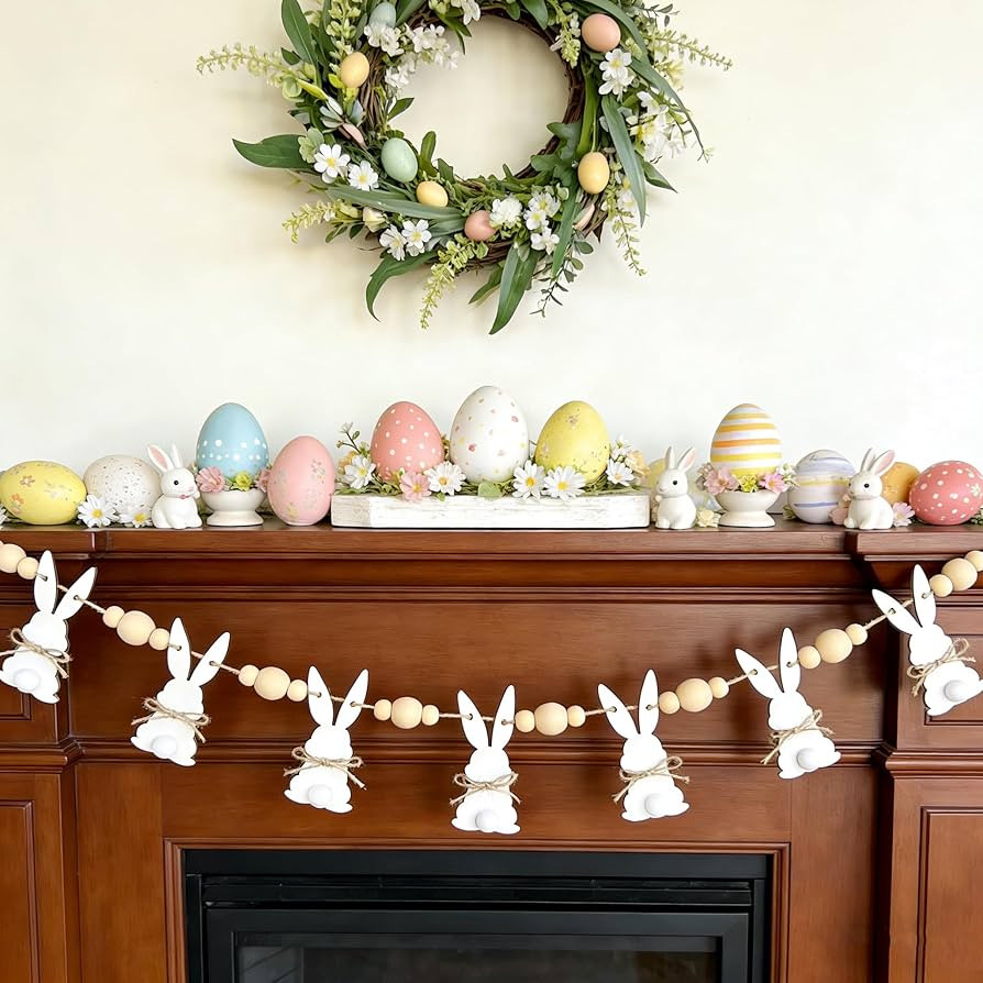 6.5ft Cute Easter Bunny Garland with Wood Beads, Farmhouse Easter Decorations Garland with Rustic... | Amazon (US)