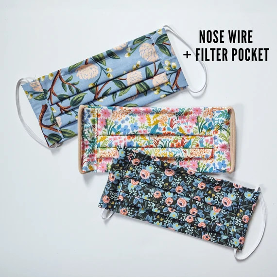 Rifle Paper Co Reusable Cotton Face Mask, Filter Pocket and Nose Wire, Floral Face Mask w/ Ties, ... | Etsy (US)