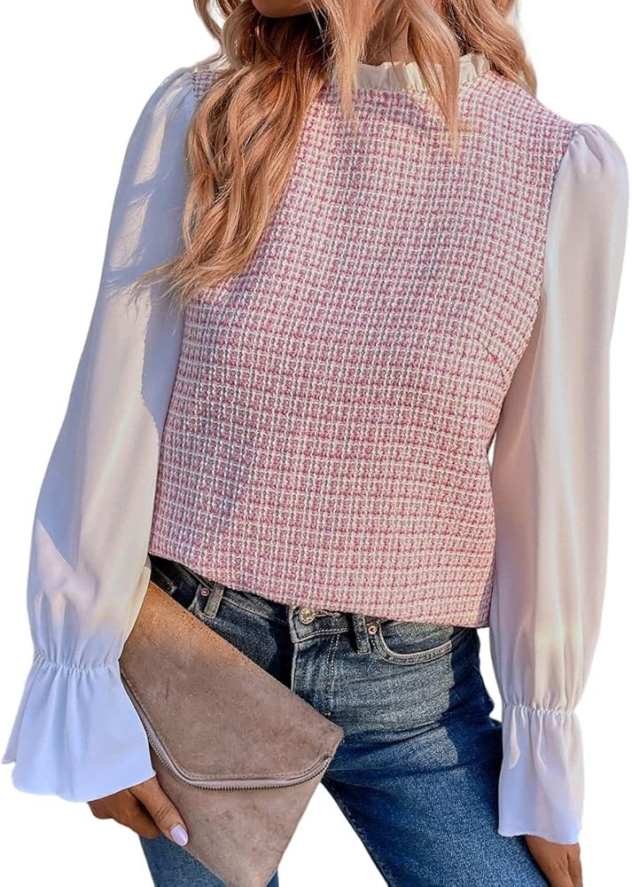 Floerns Women's Flounce Long Sleeve 2 in 1 Mock Neck Plaid Print Blouse Top | Amazon (US)