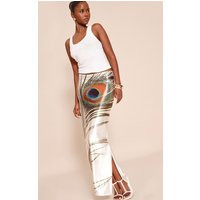 Cream Feather Print Stretch Satin Maxi Skirt | PrettyLittleThing US