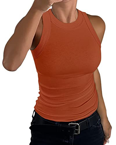 GEMBERA Womens Sleeveless Racerback High Neck Basic Ribbed Knit Fitted Tank Top Rust Orange M | Amazon (US)