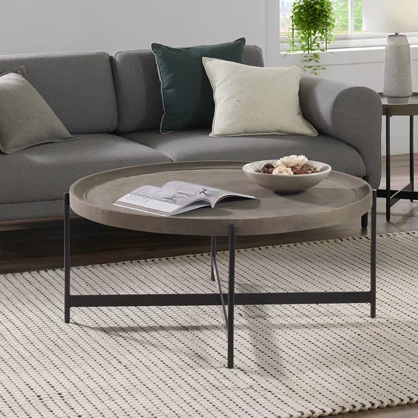 Lemley 42"W Industrial Farmhouse Solid Wood Metal Concrete Coating Round Coffee Table With Tray T... | Wayfair North America