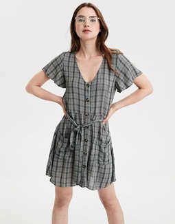 AE Plaid Fit & Flare Button Up Dress | American Eagle Outfitters (US & CA)