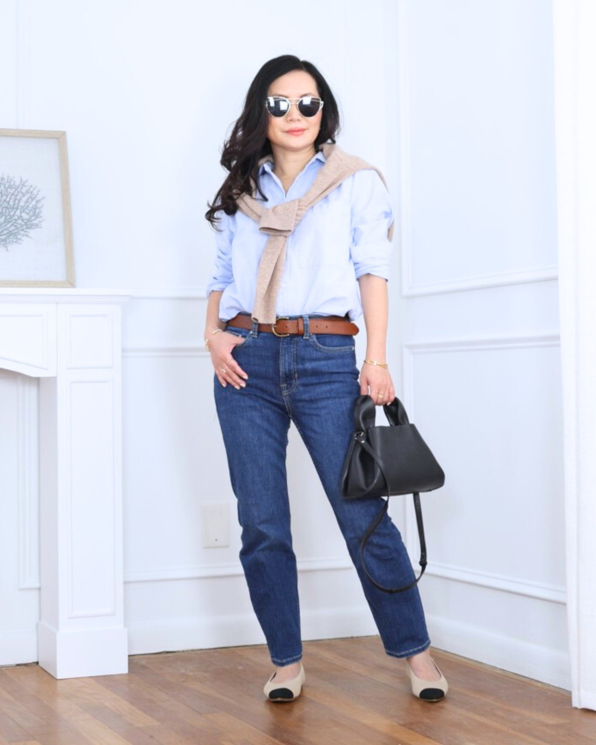 Straight jeans styled with a crisp oxford shirt and a sweater draped over the shoulders from Quince — classic, preppy, and effortlessly polished for everyday wear. I’m 5’2, wearing size XS.

#LTKPetite #LTKOver40 #LTKootd