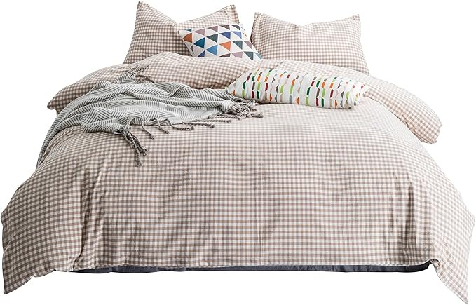 SUSYBAO Tan Gingham Duvet Cover Queen 100% Washed Cotton Beige Plaid Duvet Cover Set 3 Pieces Set... | Amazon (US)