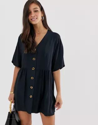 ASOS DESIGN v neck button through mini smock dress in black | ASOS (Global)