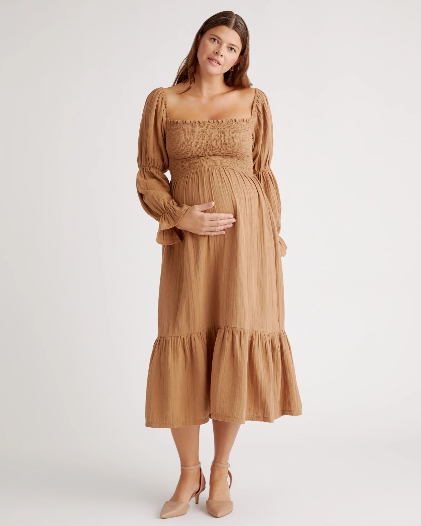 Organic Cotton Gauze Maternity Smocked Ruffle Hem Midi Dress | Quince