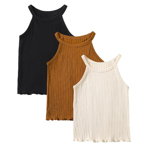 ROMPERINBOX Toddler Tank Tops Girls 3 Pack Ribbed Knit Multipacks Halter Top Camisoles Undershirt 3-7 Years(Black/Beige/Brown,5T) | Amazon (US)