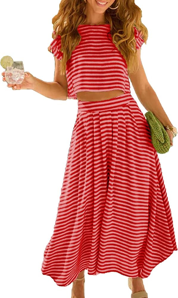 Zontroldy Women's Summer 2 Piece Outfits Striped Skirt Sets Cap Sleeve Crop Top Midi Dress Matchi... | Amazon (US)