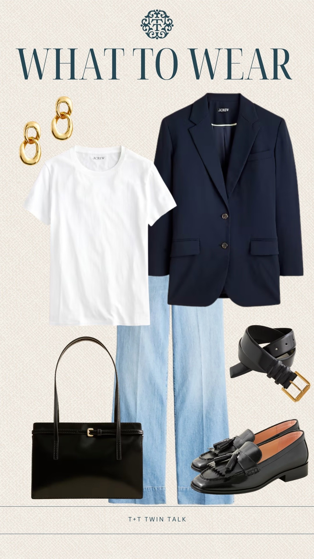 T+T, what to wear. A pair of light wash denim, a basic white tee, and tailored navy blazer all from J.Crew. Tuck in the white shirt to the jeans and add the leather belt for a cinched look. Finish it off with loafers, a black leather bag, and gold earrings. 

#LTKItBag #LTKStyleTip #LTKShoeCrush