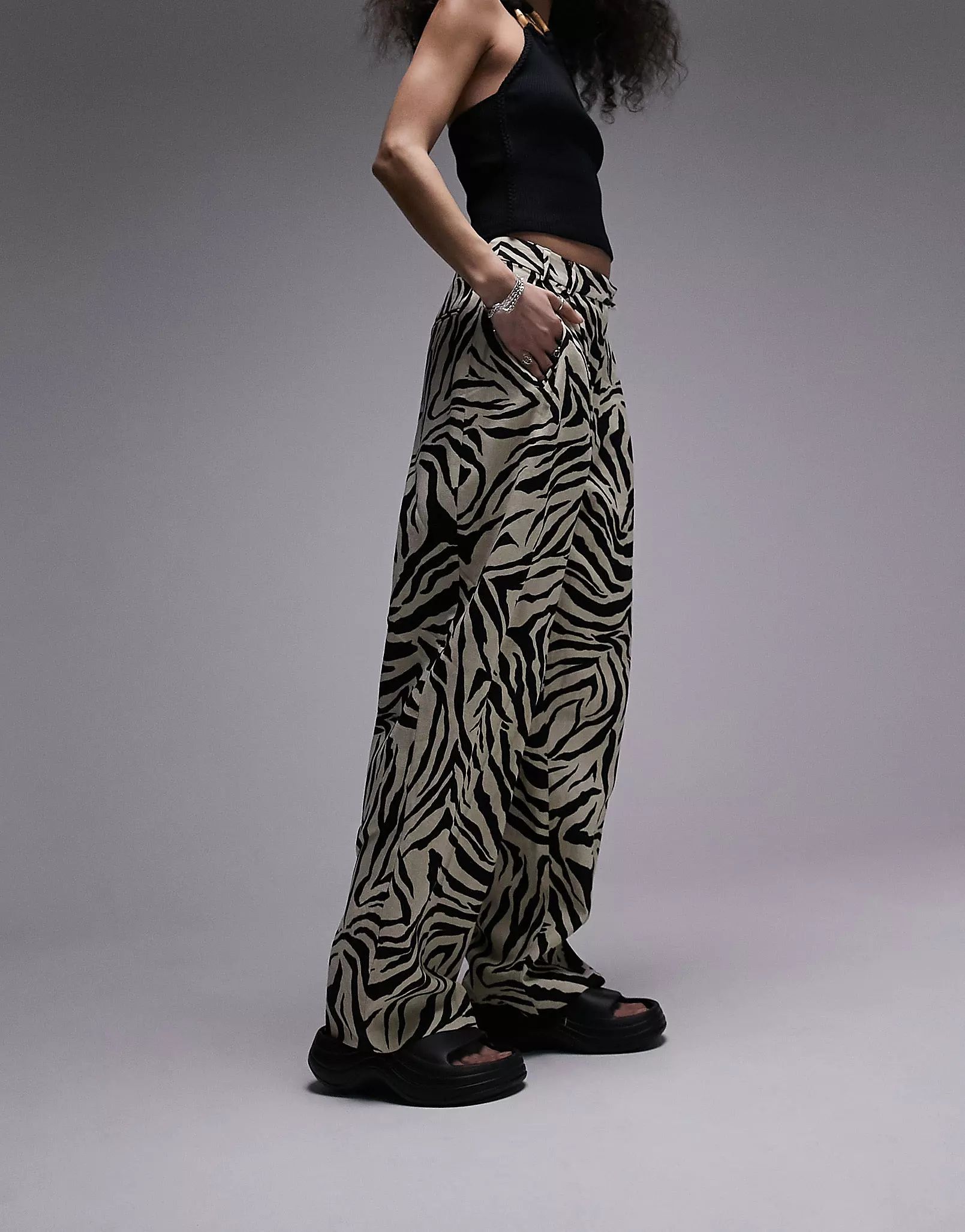 Topshop linen blend high waist slouchy pants in zebra print - part of a set | ASOS (Global)
