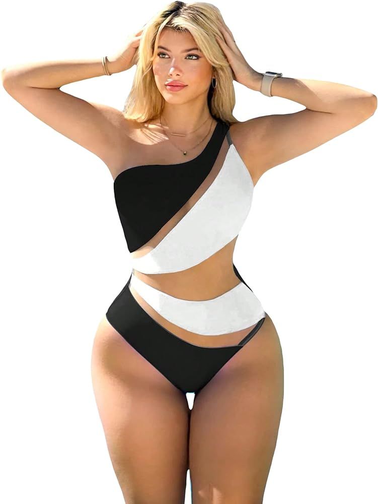 MakeMeChic Women's Color Block One Shoulder Mesh Insert One Piece Swimsuit Sexy Bathing Suit | Amazon (US)