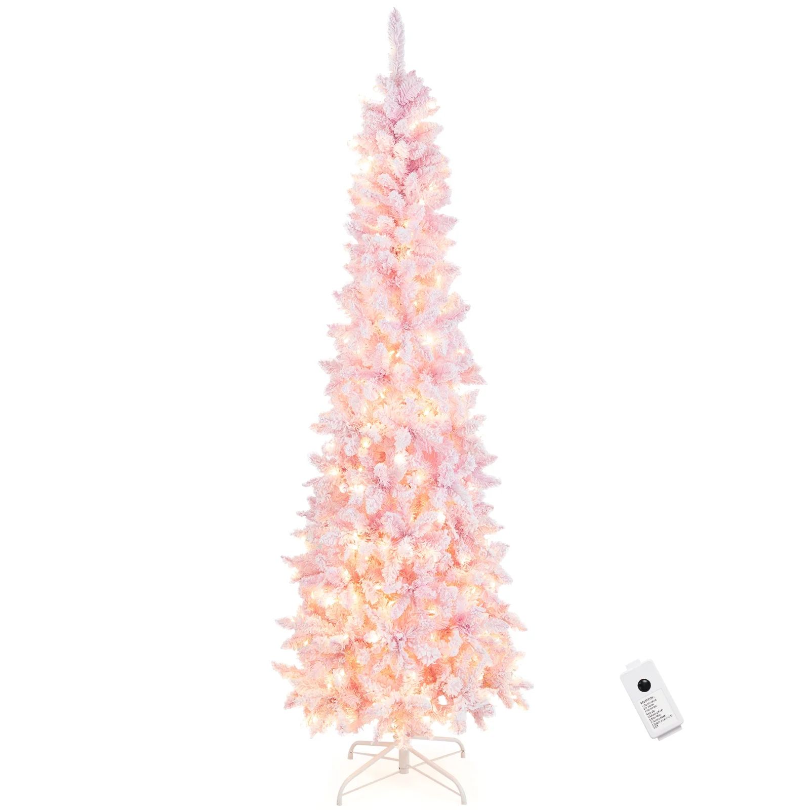 Topbuy 7FT Snow Flocked Christmas Tree, Pink Pencil Christmas Tree w/300 LED Lights & 8 Lighting ... | Walmart (US)