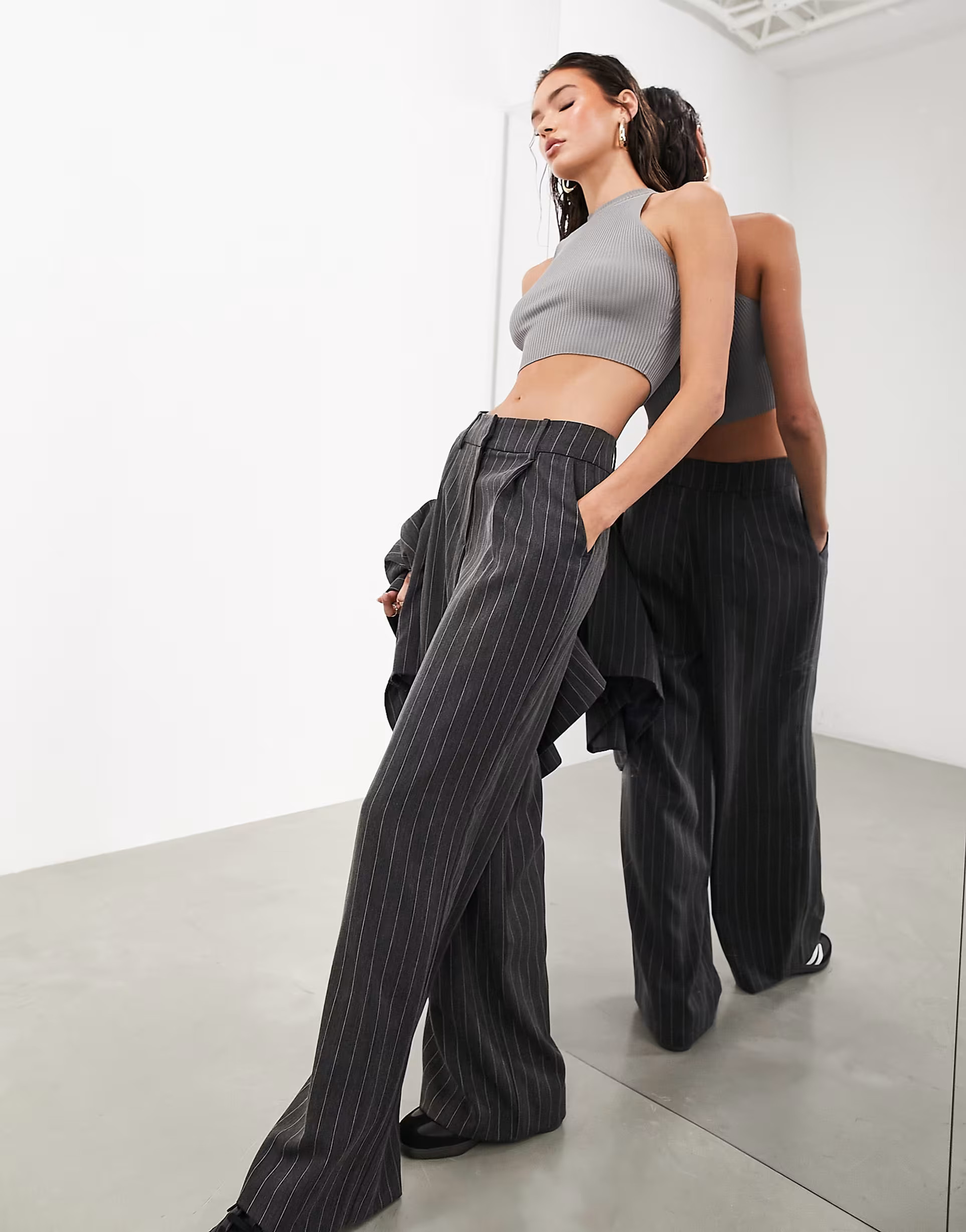 ASOS EDITION pleat front wide leg pants in charcoal pinstripe | ASOS (Global)