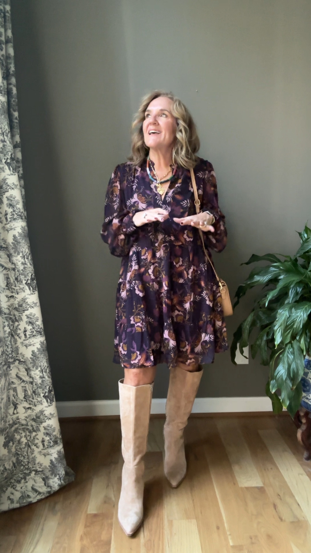 I’m wearing a large in this dress, but really you need to order your smaller size. The medium would work best. I do like how flow it is. The color is beautiful and it’s just right for fall. Wear boots wear sneakers wear with crappy sandals for a fall wedding guest.

10% off code  at Gibson look NANETTE10

My boots are regular width, they also come in a wide calf version. I love this lighter color and I always size up half a size and appointed toe boot for comfort. 

Dolce Vita sweet boots boots fall boots dress floral dress purple dress 


#LTKWedding #LTKHoliday #LTKFindsUnder100
