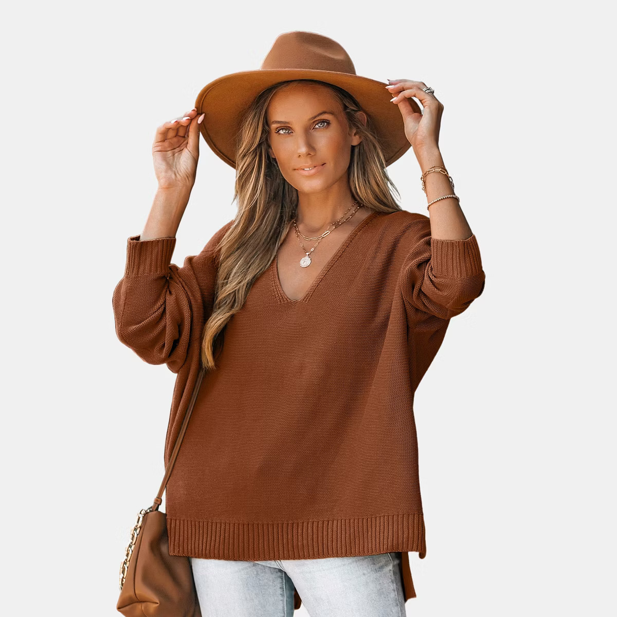 Women's V Neck Split Trim Oversized Sweater - Cupshe -Light Brown | Target