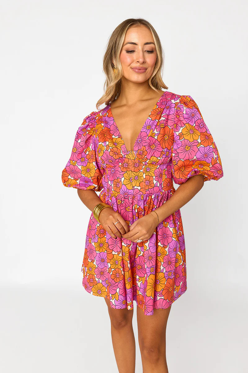 Bonnie Puff Sleeve Mini Dress - Tangerine | BuddyLove