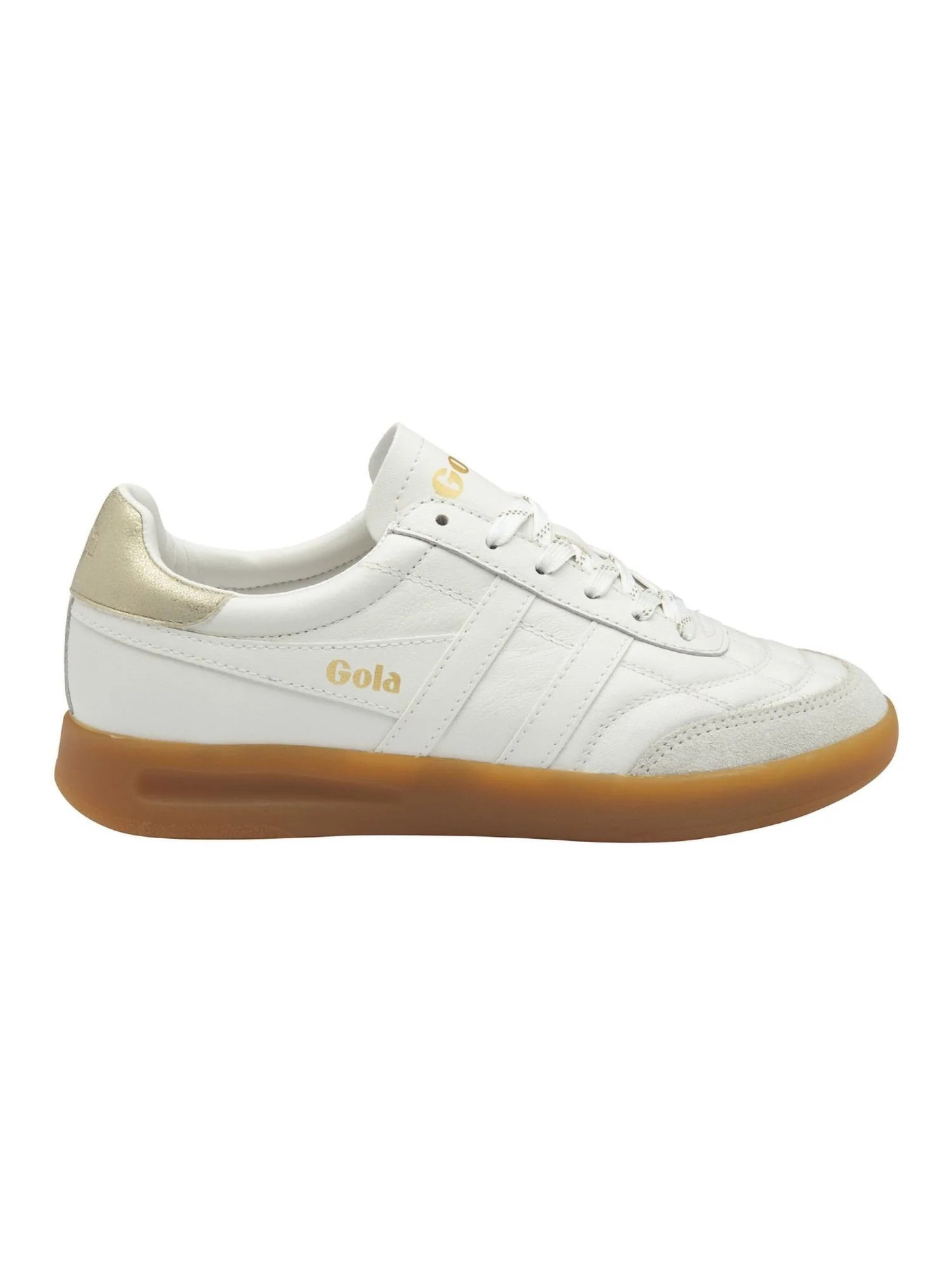 Women's Stadia Leather Sneakers In White/gold/gum | Shop Simon