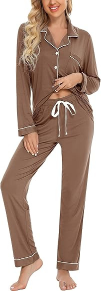 Leikar Button Up Pajama Set For Women Long Sleeve Shirt and Pajama Pants Soft Pjs Lounge Sets S-X... | Amazon (US)