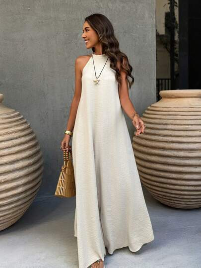 Apricot Sleeveless Linen Halter A-Line Dress, Casual Vacation Plus Size Dress, Spring/Summer Part... | SHEIN