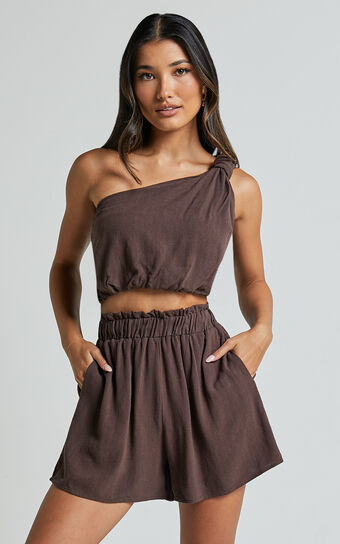 Raylene Two Piece Set - Linen Knotted One Shoulder Top and Paper Bag Waist Shorts in Tobacco | Showpo (US, UK & Europe)