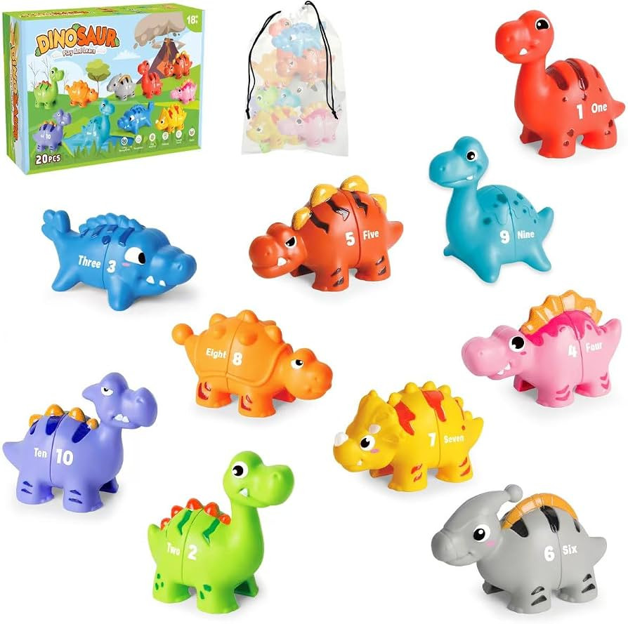 20 PCS Dinosaur Number Learning Toys for Toddlers Kids 3-5, 10 Different Dinosaur Figures, Double... | Amazon (US)