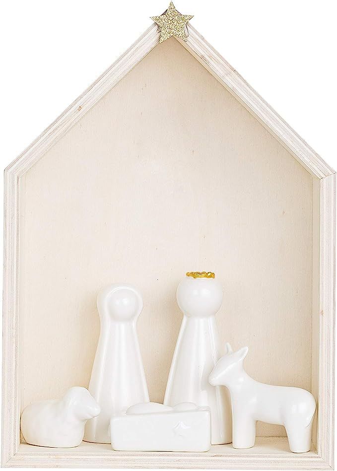 Creative Co-Op Wood Nativity with Ceramic (Set of 6 Pieces) Figures and Figurines, White | Amazon (US)