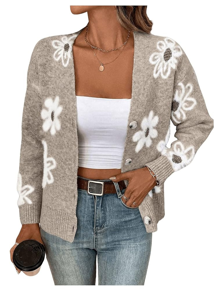 SHENHE Women's Floral Print Button Down Cardigan V Neck Drop Shoulder Knit Outerwear | Amazon (US)