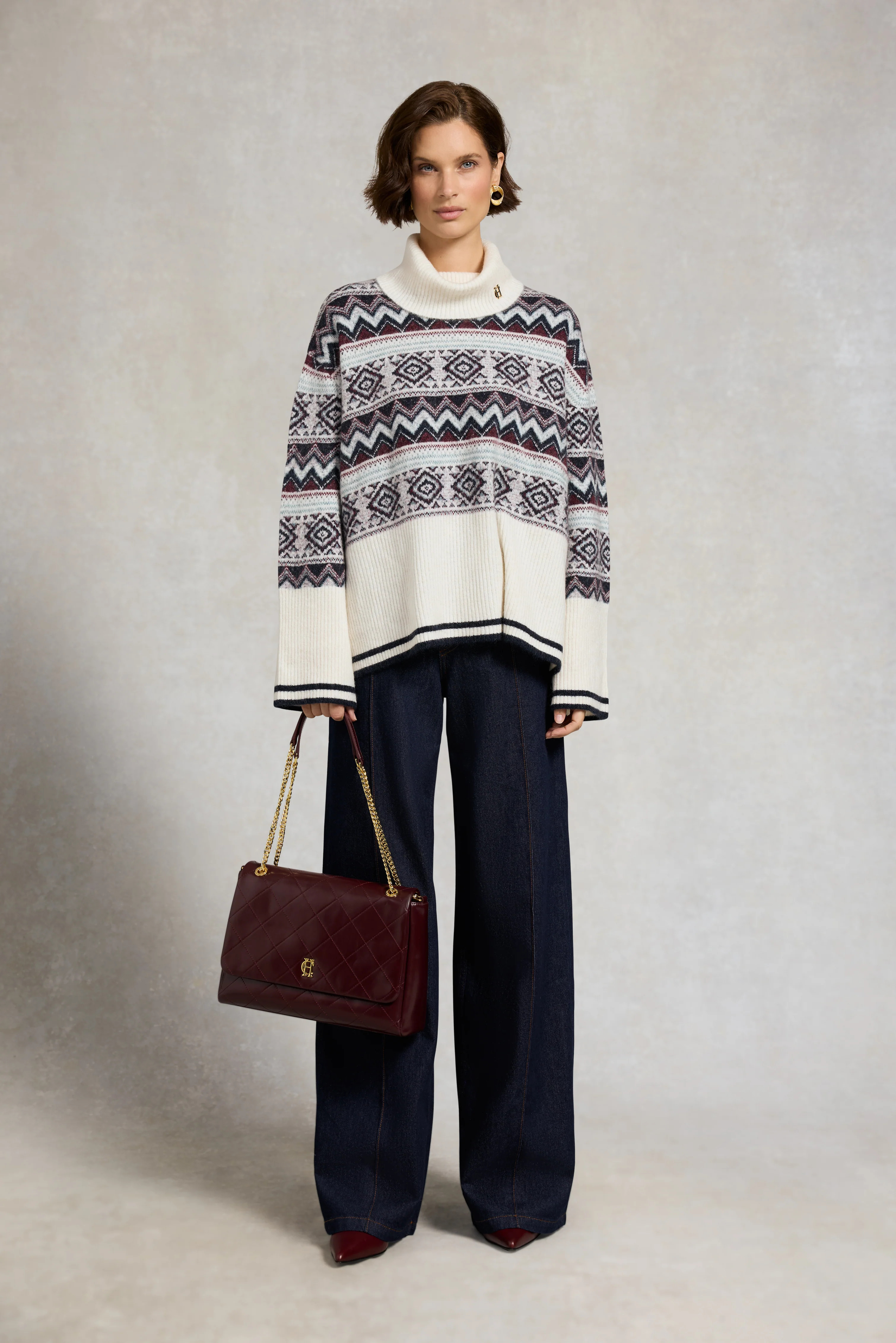 Antonia Fairisle Roll Neck Knit (Natural Blue) | Holland Cooper