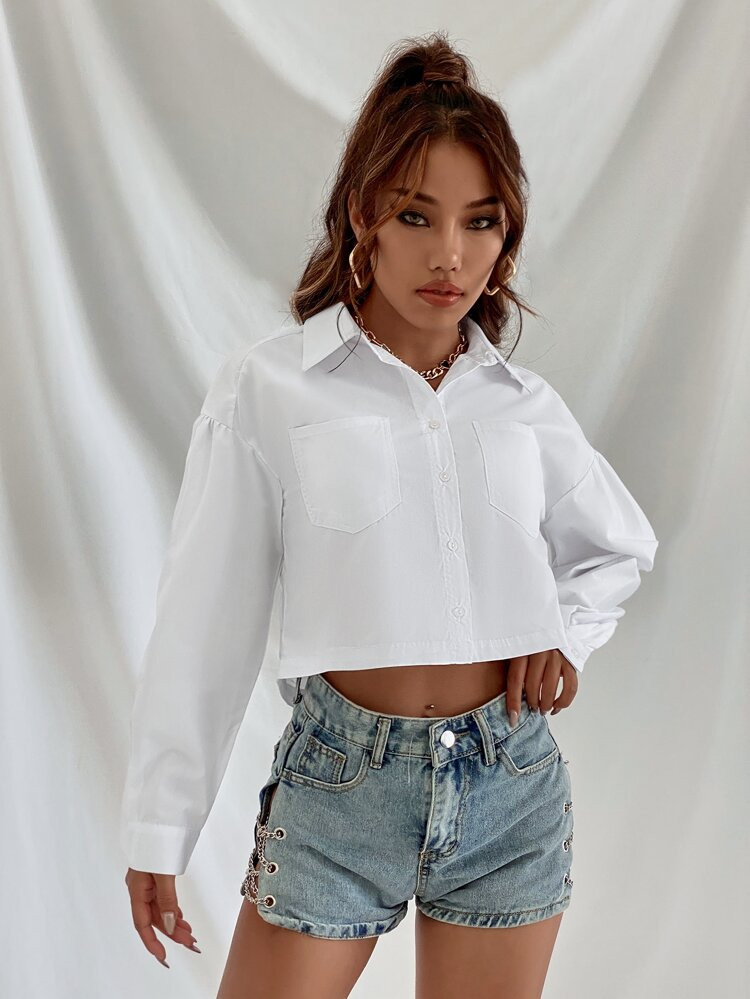 Solid Button Through Crop Shoulder Blouse | SHEIN