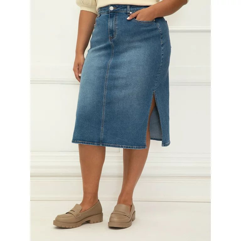ELOQUII Elements Women's Plus Size Denim Midi Side Slit Skirt | Walmart (US)