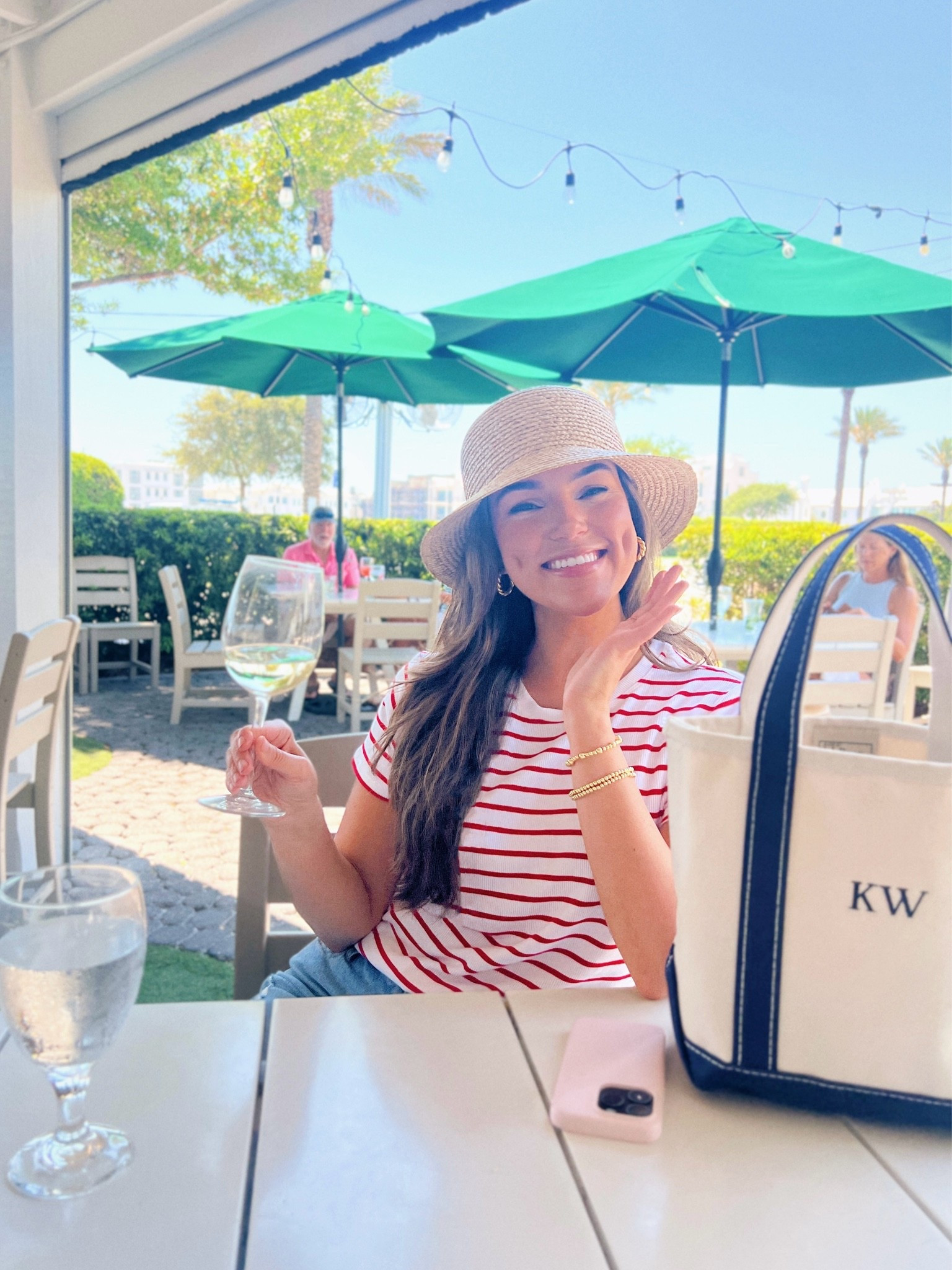 Casual vacation outfit with straw bucket hat and striped top! Cute casual outfit for Memorial Day weekend, Fourth of July, or beach vacation on 30A