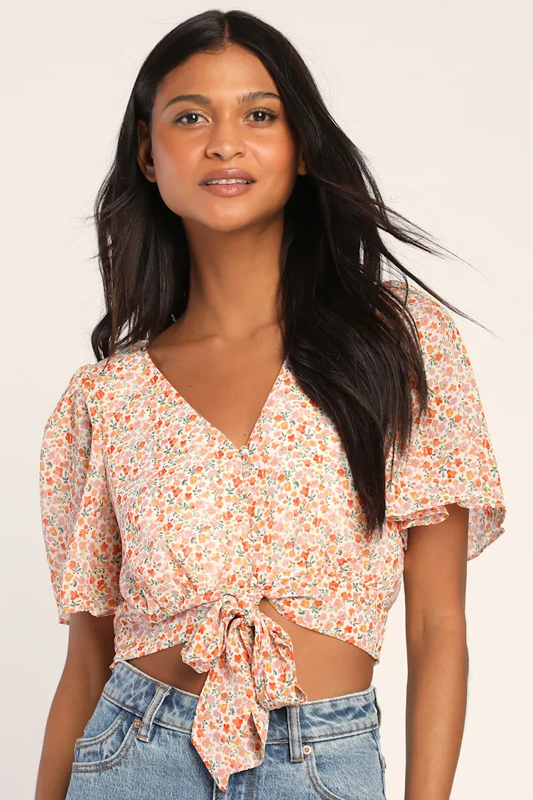 Ditsy Daisy White Floral Print Tie-Front Flutter Sleeve Top | Lulus