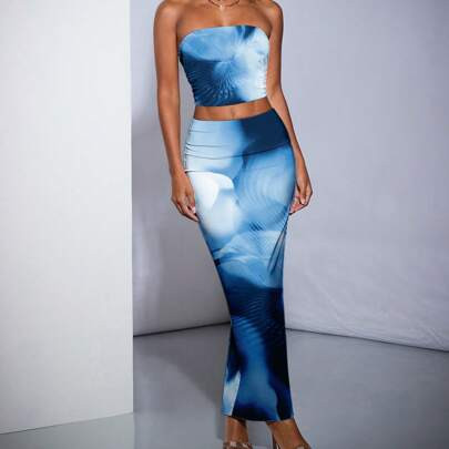 Women's Crop Cut Holiday Style Tube Top And Half-Length Skirt 2pcs Summer Outfits | SHEIN