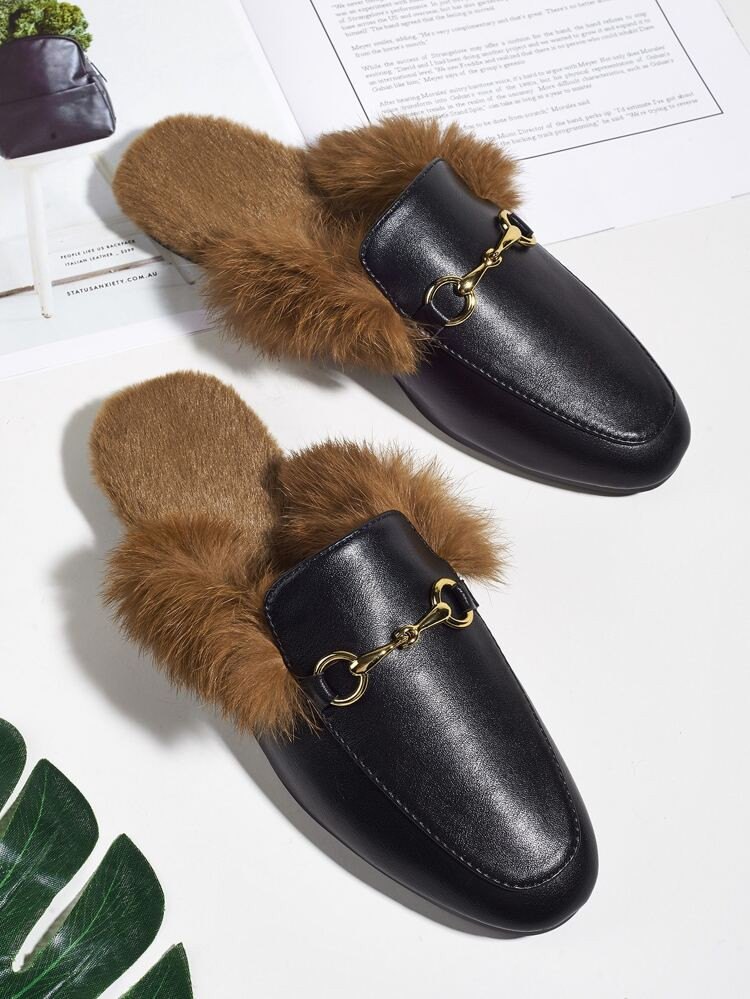 Horsebit Decor Wide Fit Loafer Mules Black Fluffy Thermal Lined Flat Shoes For Women | SHEIN