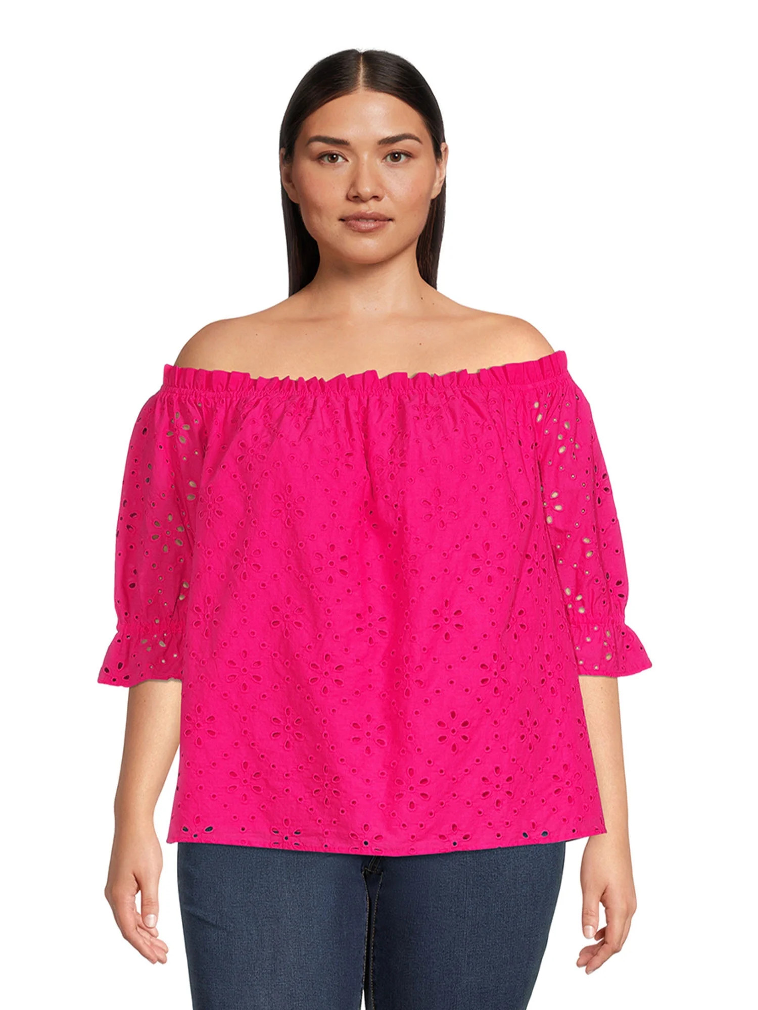 Terra & Sky Women's Plus Size Off The Shoulder Eyelet Top | Walmart (US)