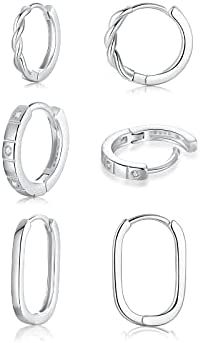 3 Pairs 925 Sterling Silver Huggie Hoop Earrings For Women 14K White Gold Plated CZ Small Silver ... | Amazon (US)