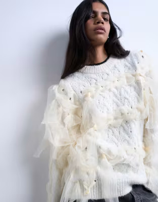 Knitted plaid ribbon jumper in Ivory | Topshop