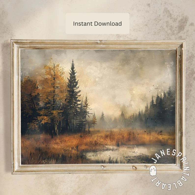 Moody Fall Landscape Art Print, Autumn Forest Picture Printable Wall Art, Vintage Moody Landscape... | Etsy (US)