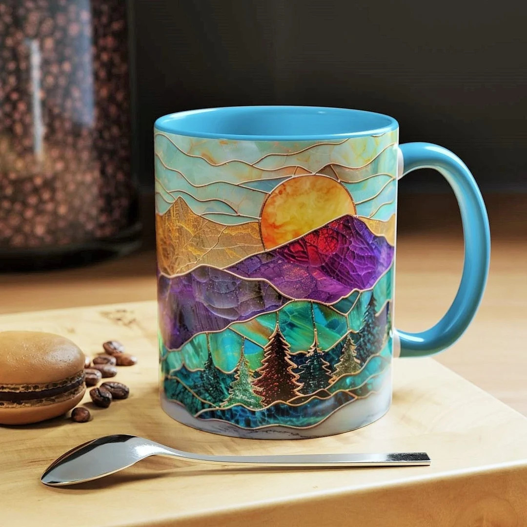 Stained Glass Mountain Mug Watercolor Sunset Ceramic Coffee Cup 11oz or 15oz - Etsy | Etsy (US)