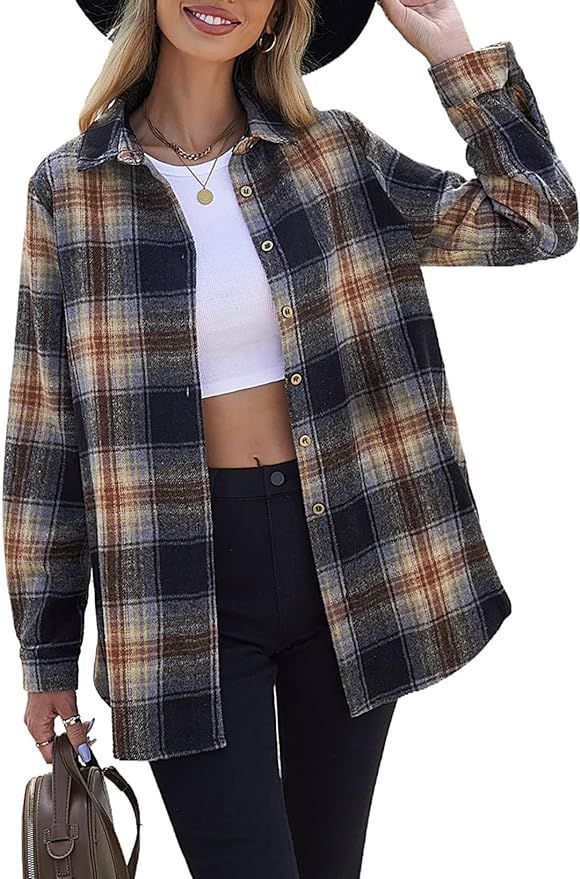 Sidefeel Women Plaid Long Sleeve Button Down Collar Long Shirt Oversized Coat | Amazon (US)