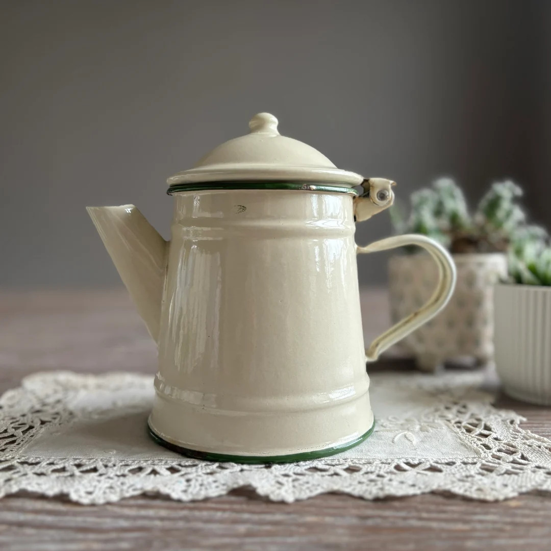 Vintage Enameled Coffee Pot Kettle, Metal Enamelware Jar Pitcher Pot, Retro Mid Century Kitchen, ... | Etsy (US)