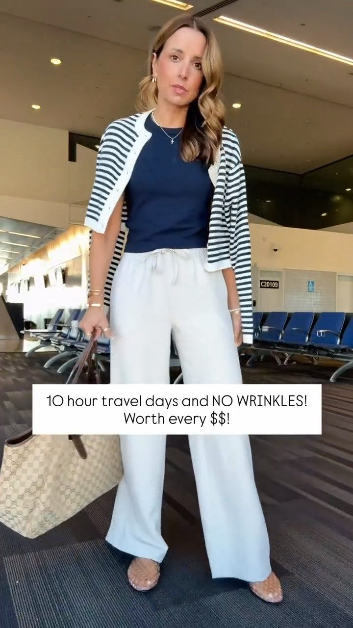 My travel outfit of the day! Aritzia The Lodge Pant - Crepette. Size XS regular. Comes in short and tall, too. Wrinkle resistant with an elastic waist and high-rise. Aritzia t-shirt in XS. Aritzia striped cropped cardigan in 2XS. Jelly ballet flats are whole sizes only. I’m a 6.5 and sized down to a 6 per reviews. Business casual. Elevated casual. Workwear. Coastal outfit.

#LTKootd #LTKWorkwear #LTKTravel