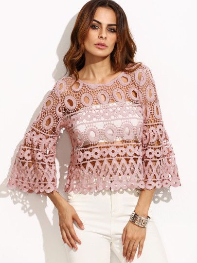 Pink Bell Sleeve Hollow Out Crochet Top | SHEIN