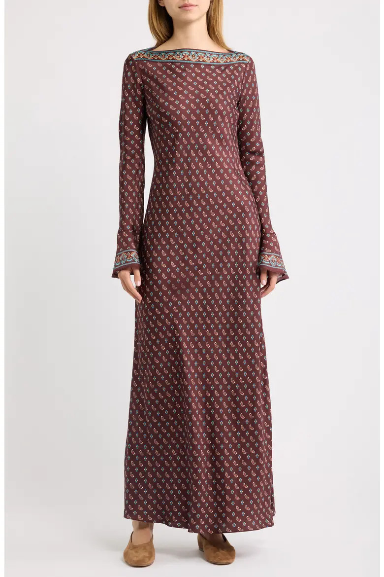 DÔEN Davina Long Sleeve Silk Maxidress in Deauville Paisley at Nordstrom, Size Large | Nordstrom