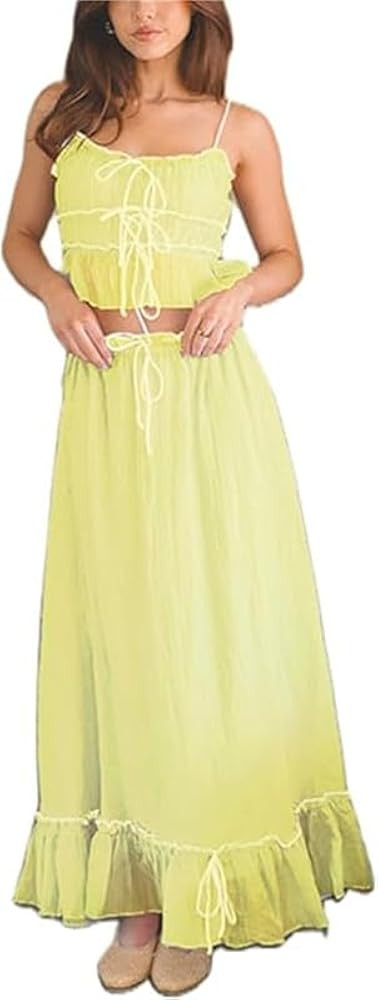 Women Y2k 2 Piece Outfits Patchwork Front Tie-Up Camisoles and Ruched Ruffle Maxi Skirt Matching ... | Amazon (US)