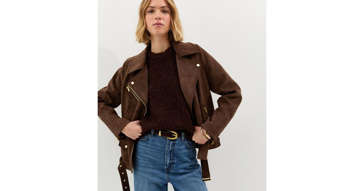 Dark Brown Oversized Faux Suede Biker Jacket | New Look | New Look (UK)